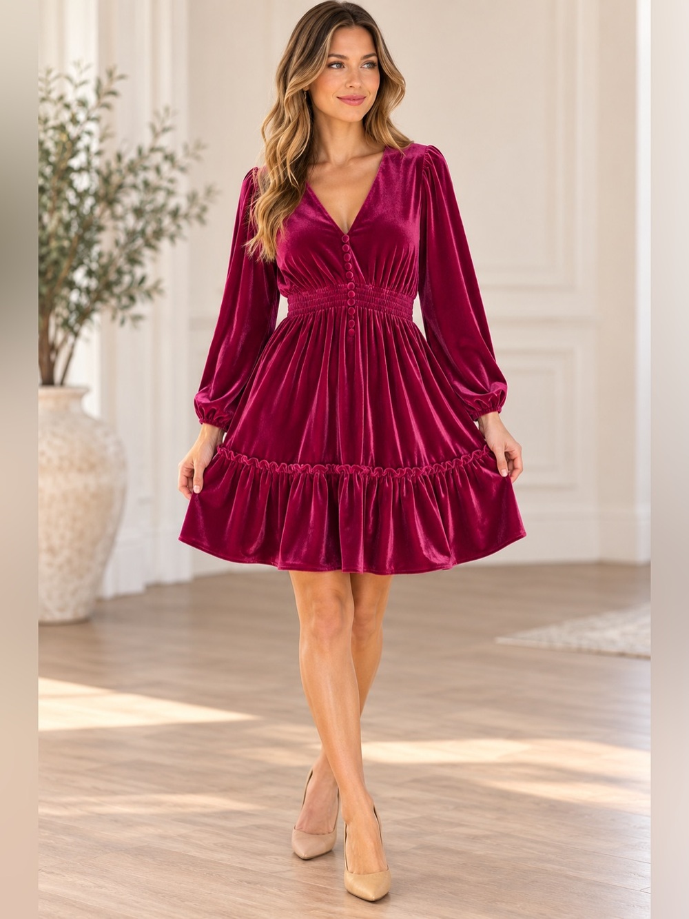 Taylor Pink Velvet Long-Sleeve Ruffle Hem Mini Dress - Fuchsia